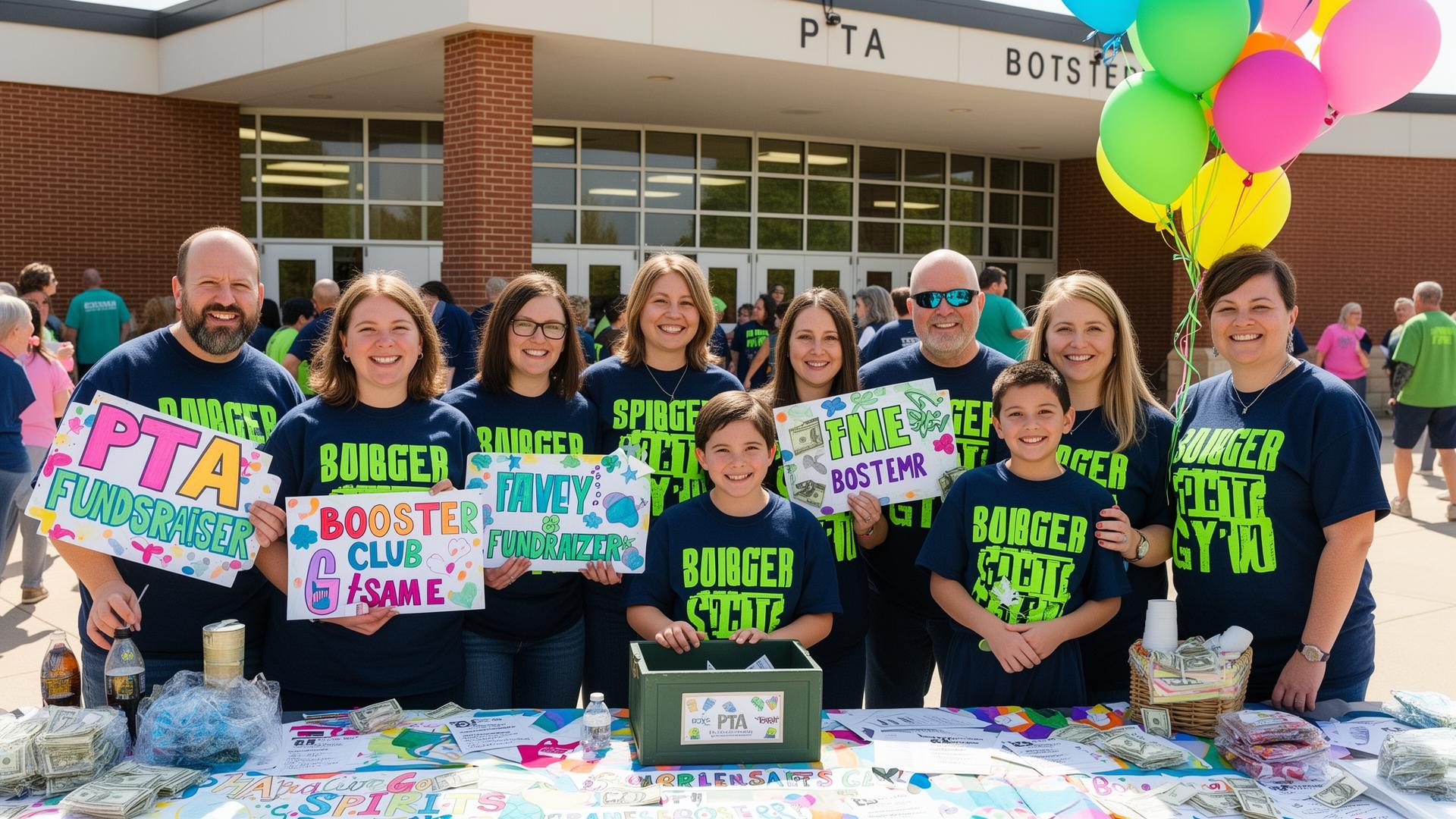 PTA and booster club volunteers at a school fundraising table