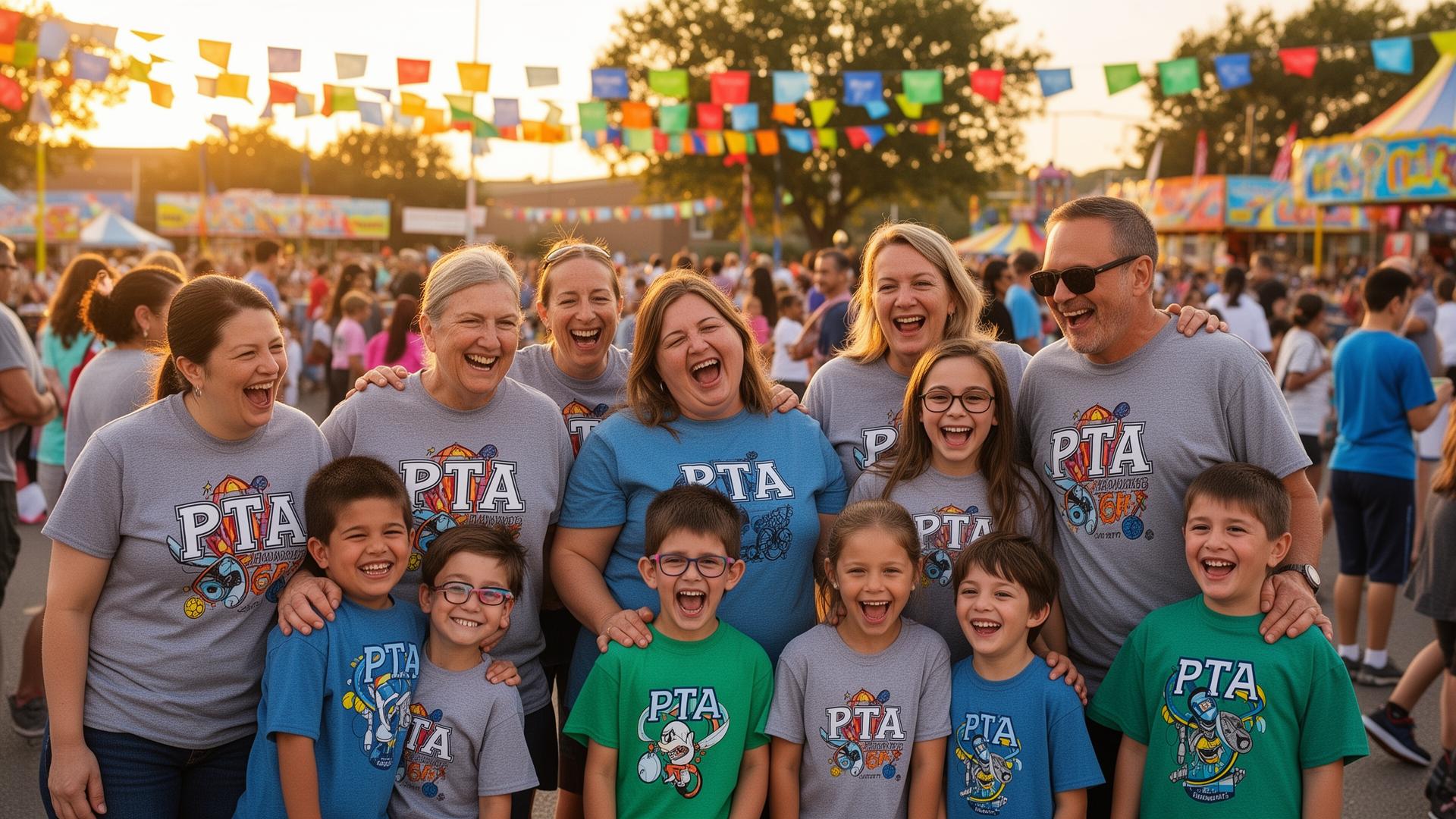 PTA families in matching custom spirit tees at a school carnival