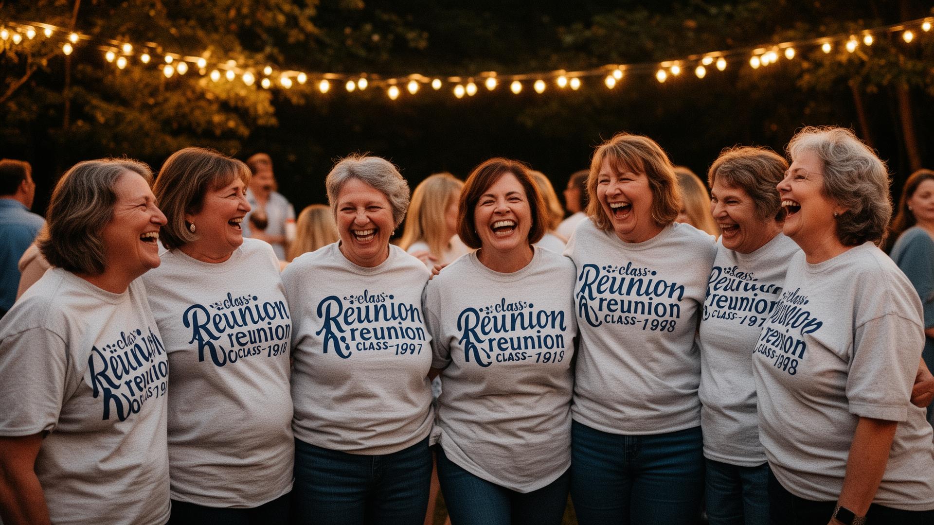 Class reunion friends laughing together in matching custom tees